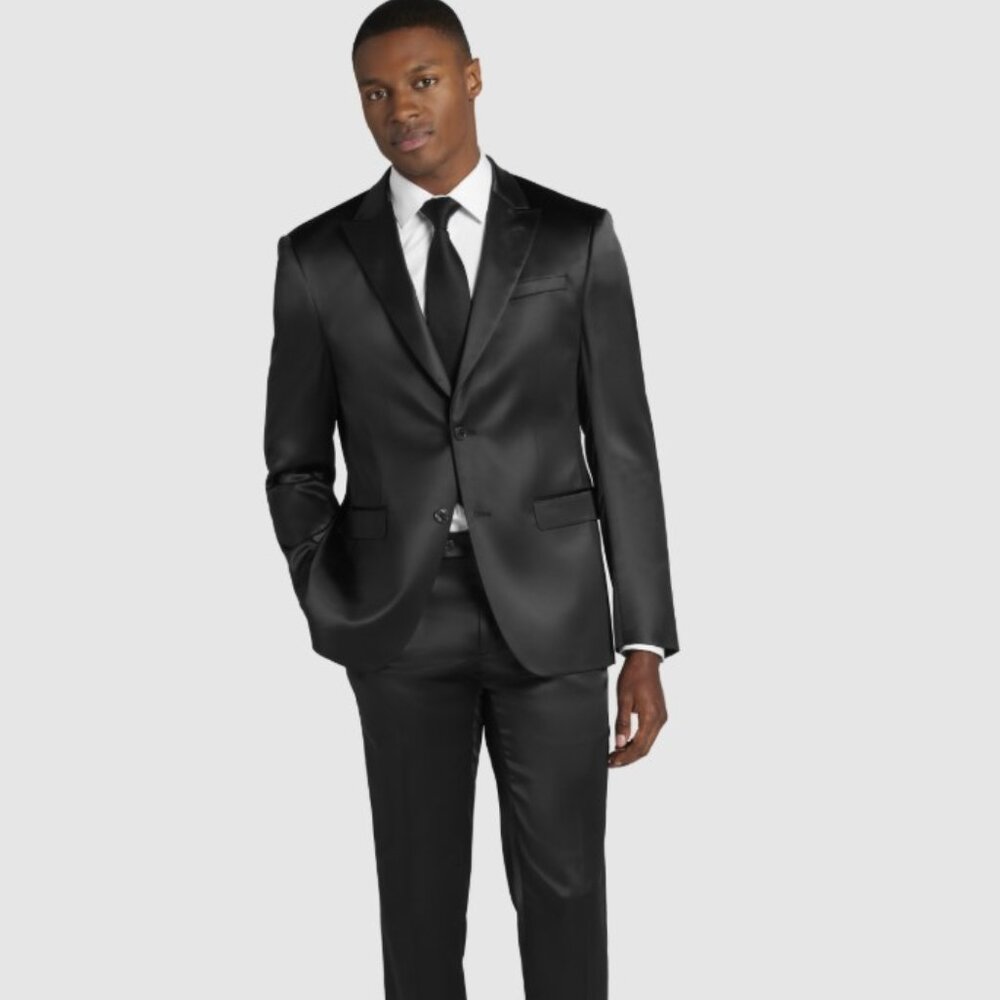 NEW - FULL SUIT - 42R Jacket 34 x 32 Pants Egara BLACK Shiny Suit Skinny Fit - Picture 7 of 7